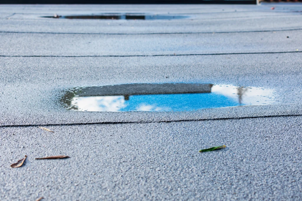 Nahaufnahme eines Flachdachs mit einer Wasserpfütze, die den Himmel und ein Gebäude reflektiert. Das Dach besteht aus einer grauen Bitumen- oder Kunststoffabdichtung, die an einigen Stellen leichte Unebenheiten aufweist. Einige Blätter und kleine Schmutzpartikel sind auf der Oberfläche verstreut. Die stehende Nässe könnte auf eine unzureichende Entwässerung oder eine mögliche Dachschädigung hinweisen.