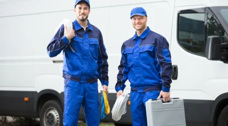 Zwei Elektriker in blauer Arbeitskleidung stehen vor einem weißen Van.