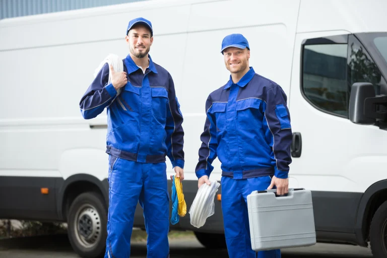 Zwei Elektriker in blauer Arbeitskleidung stehen vor einem weißen Van.