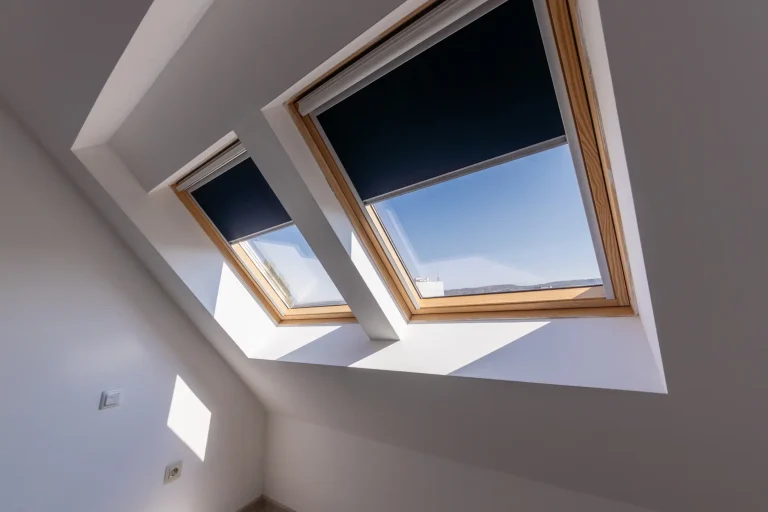 Zwei moderne Dachfenster mit Holzrahmen und halb geschlossenen Verdunkelungsrollos in einem hellen Dachgeschossraum. Durch die Fenster fällt Tageslicht ein, während der Blick auf den klaren Himmel zeigt.