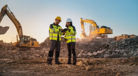 Zwei Bauingenieure stehen auf einer Baustelle und beurteilen den Vortschritt.
