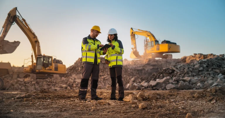 Zwei Bauingenieure stehen auf einer Baustelle und beurteilen den Vortschritt.