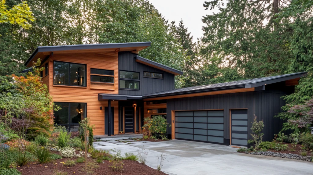 Modernes luxuriöses Haus mit angebauter Garage, welche ein Pultdach hat.