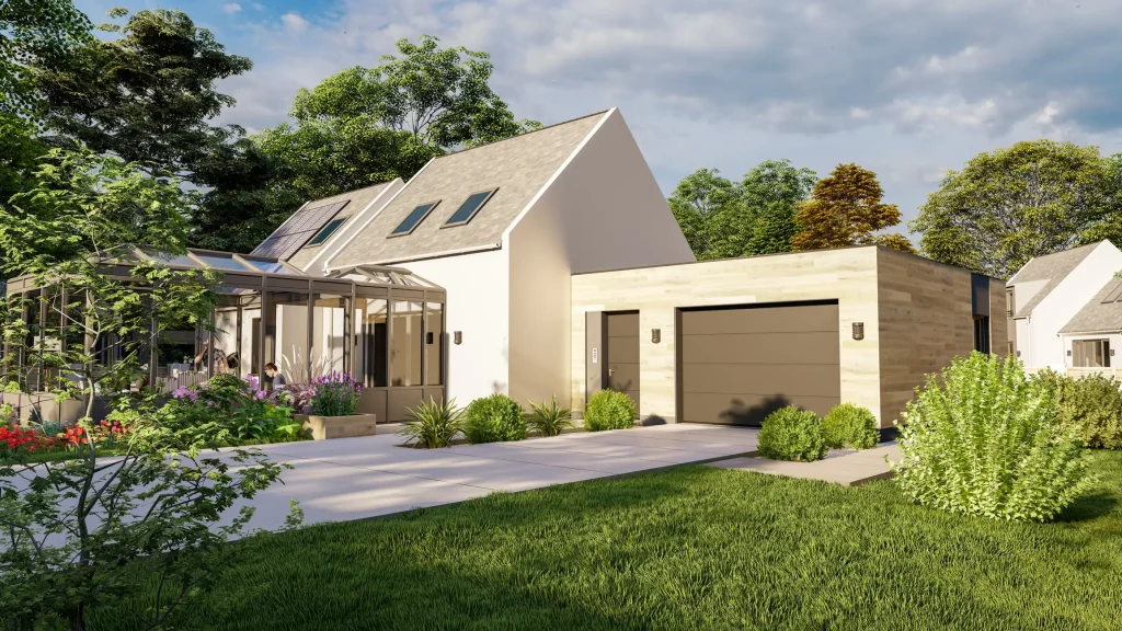 Modernes Einfamilienhaus mit Flachdach-Garage, Solarpanelen, Wintergarten und gepflegtem Vorgarten in grüner Umgebung an einem sonnigen Tag.