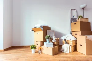 Wohnzimmer mit Hausrat, Kartons und Gerümpel