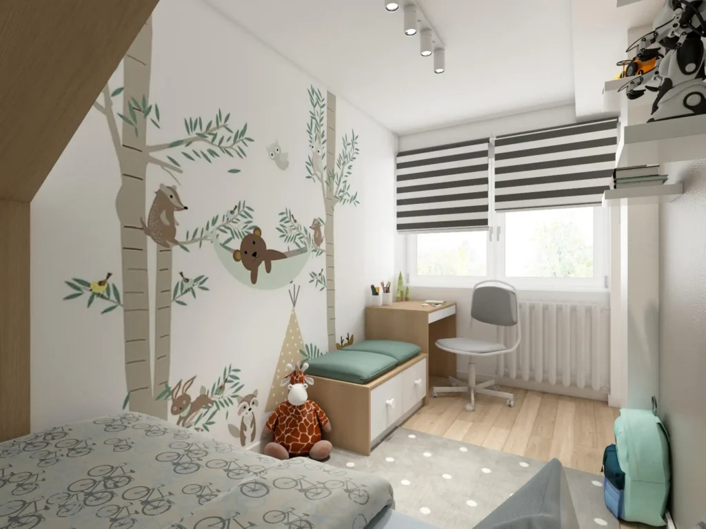 Wand mit Mustertapete im Kinderzimmer, gestaltet mit freundlichen Waldtieren, Bäumen und Naturmotiven. Die kindgerechte Tapete schafft eine spielerische und warme Atmosphäre im modern eingerichteten Raum.