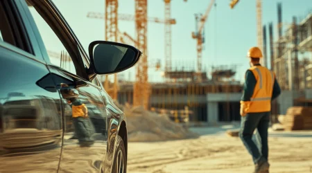 Nahaufnahme eines parkenden Autos im Vordergrund, im Hintergrund ein Bauarbeiter mit Schutzweste und Helm vor einer Großbaustelle mit mehreren Baukränen und Rohbauten bei Sonnenschein.