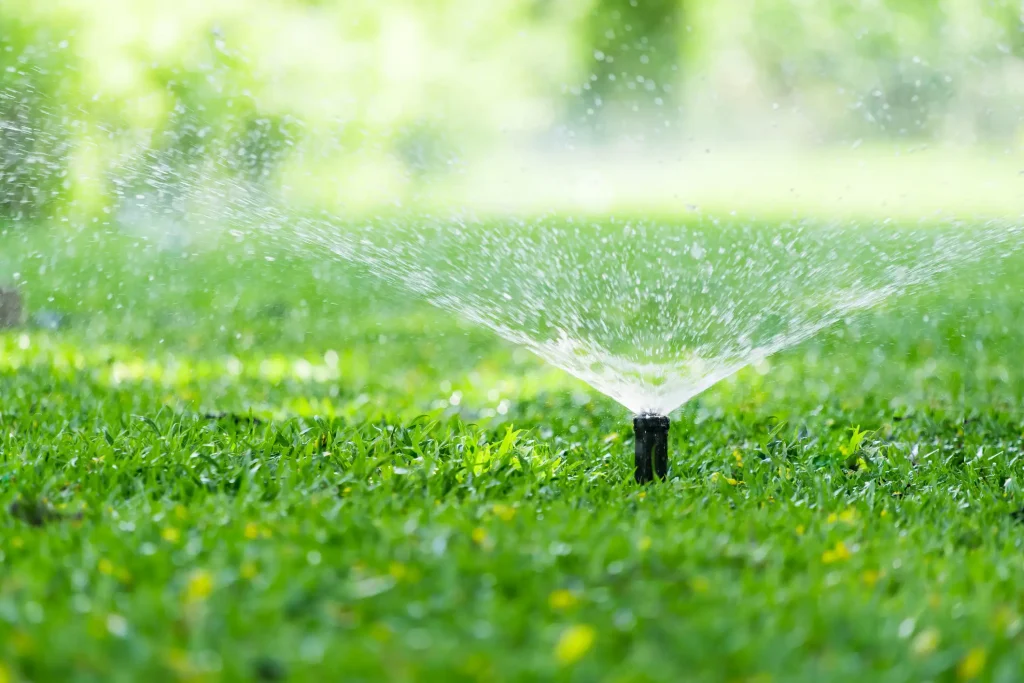 Ein Rasensprenger bewässert frisch verlegten Rollrasen mit feinem Wassernebel, ein essenzieller Pflegeschritt zur Anwuchsunterstützung und Erhaltung der Rasenqualität.