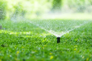 Ein Rasensprenger bewässert frisch verlegten Rollrasen mit feinem Wassernebel, ein essenzieller Pflegeschritt zur Anwuchsunterstützung und Erhaltung der Rasenqualität.