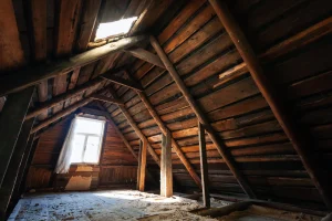 Dachboden mit Holzverkleidung, sichtbaren Schimmelspuren an den Dachsparren, schrägem Fenster und Loch im Dach.