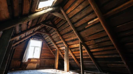 Dachboden mit Holzverkleidung, sichtbaren Schimmelspuren an den Dachsparren, schrägem Fenster und Loch im Dach.