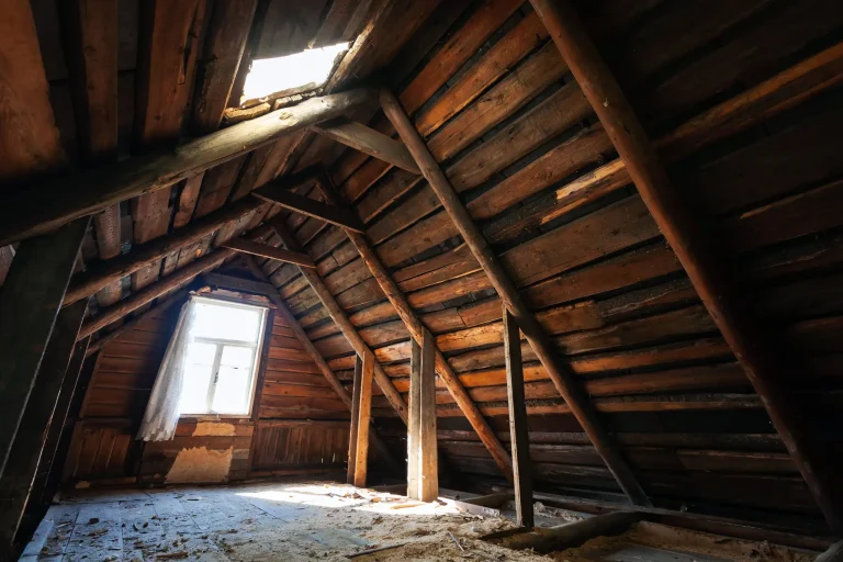 Dachboden mit Holzverkleidung, sichtbaren Schimmelspuren an den Dachsparren, schrägem Fenster und Loch im Dach.