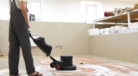 Mann in Arbeitshose shampooniert mit einer Einscheibenreinigungsmaschine einen Teppich im Rahmen einer professionellen Teppichreinigung.
