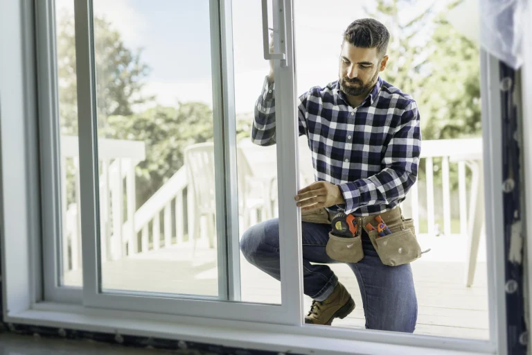 Handwerker baut ein neues Fenster ein.