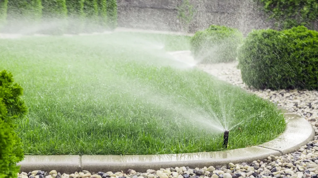 Garten mit grünem Rollrasen wird durch Sprinkleranlage gleichmäßig bewässert, umgeben von Kies und Sträuchern.