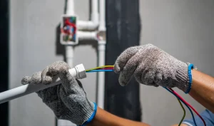 Elektriker erneuert alte Elektroleitungen in einem Einfamilienhaus.