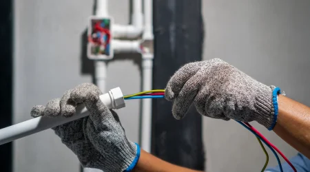 Elektriker erneuert alte Elektroleitungen in einem Einfamilienhaus
