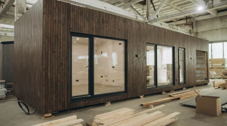 Modernes Tiny House mit dunkler Holzfassade und großen Glasfronten in einer Produktionshalle; im Vordergrund liegen Holzbretter für den Innenausbau.