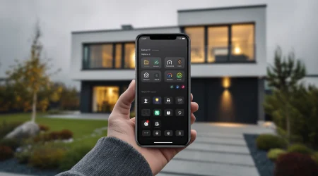 Ein Mann hält ein Smartphone vor einen Neubau. Auf dem Display des Handys ist eine Smart Home Steuerung zu erkennen.