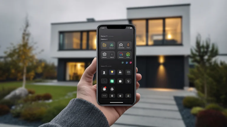 Ein Mann hält ein Smartphone vor einen Neubau. Auf dem Display des Handys ist eine Smart Home Steuerung zu erkennen.