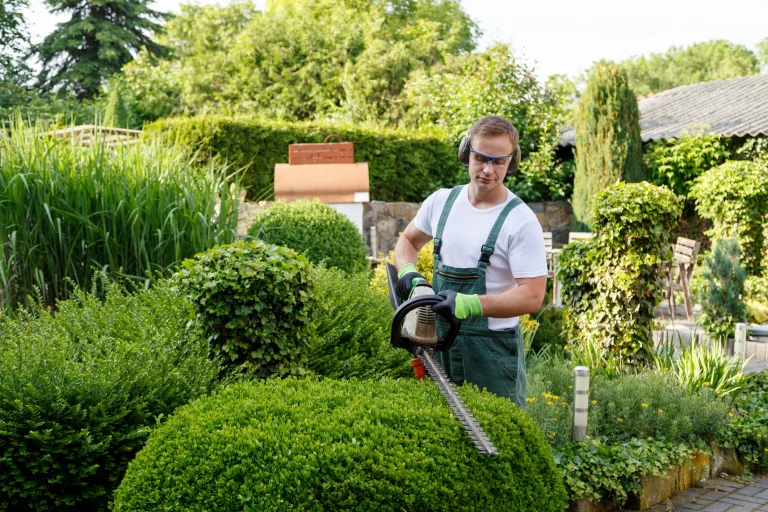 Gärtner pflegt mithilfe einer elektrischen Gartenschere eine den Busch einer Grünanlage.