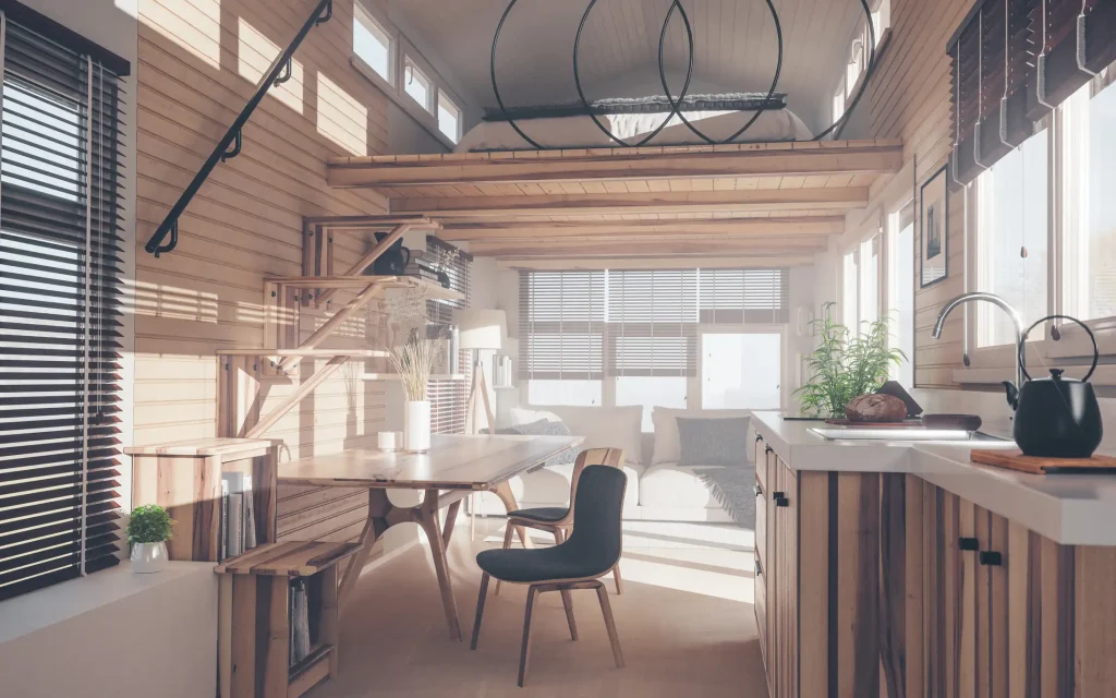 Inneneinrichtung eines Tiny House mit viel Holz, offener Küche, Esstisch, gemütlichem Wohnbereich und Schlafplatz auf einer erhöhten Galerie.