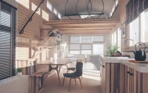 Inneneinrichtung eines Tiny House mit viel Holz, offener Küche, Esstisch, gemütlichem Wohnbereich und Schlafplatz auf einer erhöhten Galerie.