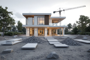 Modernes zweigeschossiges Einfamilienhaus im Bau mit großen Glasfronten, Baustellenkran im Hintergrund und unfertiger Gartenanlage.