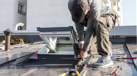Ein Handwerker kniet auf einem Flachdach und dichtet ein neu eingebautes Dachfenster mit Werkzeugen und Abdichtungsmaterial ab. Im Hintergrund sind moderne Wohngebäude zu sehen.