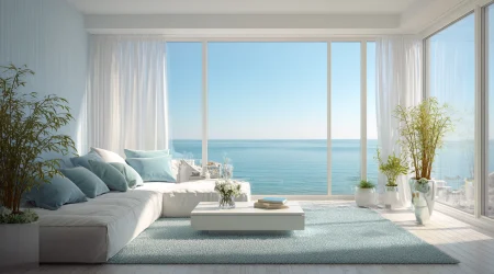 Ein Wohnzimmer mit riesigen Panoramafenstern mit Blick auf das Meer.