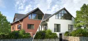 Vorher-nachher-Vergleich eines Einfamilienhauses: links rote Ziegelfassade, rechts modernisierte weiße Putzfassade mit großen Fenstern.