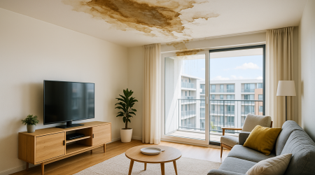 Ein Wasserschaden an der Decke eines modern eingerichteten Wohnzimmers.