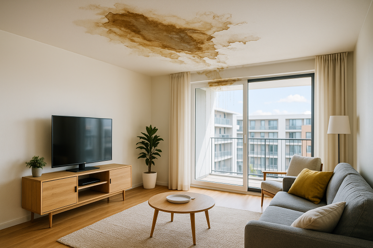 Ein Wasserschaden an der Decke eines modern eingerichteten Wohnzimmers.