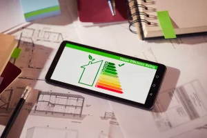 Ein Smartphone liegt auf einem Bauplan. Auf dem Display wird eine Energieeffizienzklasse angezeigt.