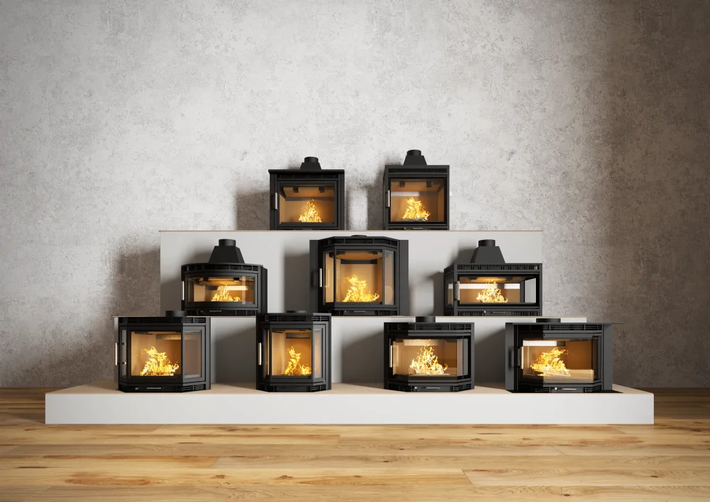 Ausstellung von neun modernen Kamineinsätzen auf gestuften Podesten in einem Showroom mit Holzfußboden und grauer Betonwand, alle mit sichtbarer Flamme hinter Glasscheiben.