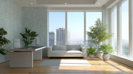 Ein modernes Büro mit minimalistischen großflächigen Fenstern, mit Aussicht auf eine Stadt.