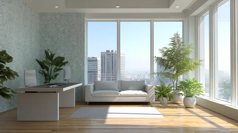 Ein modernes Büro mit minimalistischen großflächigen Fenstern, mit Aussicht auf eine Stadt.