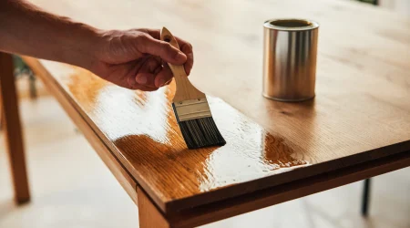 Ein Mann lasiert seinen Holztisch um ihn vor Umwelteinflüssen zu schützen.