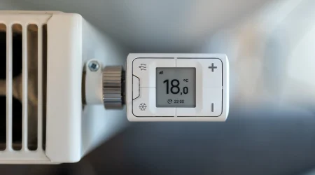 Automatische Heizungssteuerung an einer Heizung mit Thermostat auf einem Display.