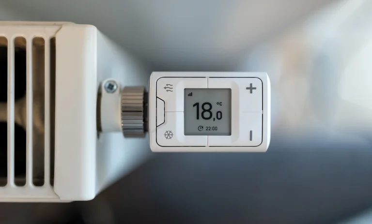 Automatische Heizungssteuerung an einer Heizung mit Thermostat auf einem Display.