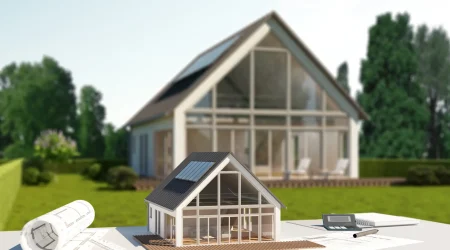 Architekturmodell eines modernen Einfamilienhauses mit Satteldach, großen Fensterfronten und Solarpanelen, im Vordergrund auf einem Planungstisch mit Bauplänen, Lineal, Stift und Taschenrechner, im Hintergrund das realisierte Gebäude in grüner Gartenumgebung.