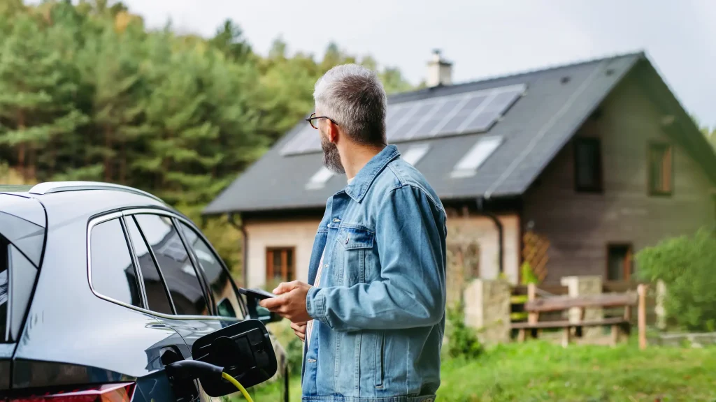 Ein Mann mit grauem Haar und Bart steht mit dem Rücken zur Kamera und hält ein Smartphone, während er sein Elektroauto auflädt. Im Hintergrund ist ein modernes Haus mit Photovoltaikanlage auf dem Dach zu sehen, umgeben von Bäumen und Natur.