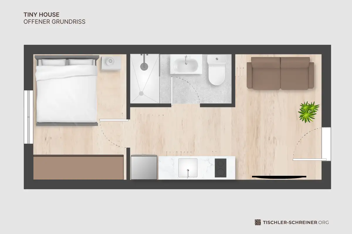 Obenansicht eines länglichen Tiny Houses mit offenem Grundriss. Links befindet sich das Bett, mittig Bad und Küche, rechts ein Wohnbereich mit Sofa und Pflanze.