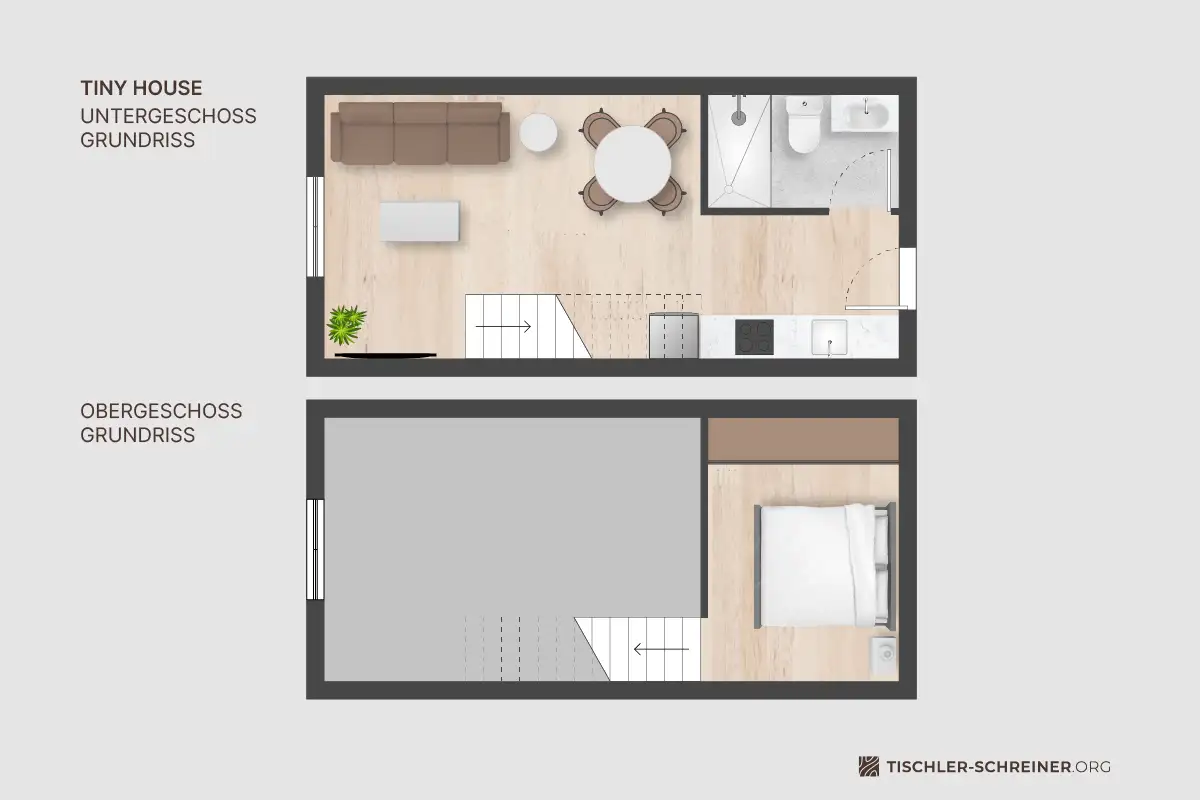 Grundriss eines zweistöckigen Tiny Houses. Im Erdgeschoss befinden sich Wohn- und Essbereich, Küche und Bad. Im Obergeschoss liegt ein Schlafzimmer mit Doppelbett und Stauraum.