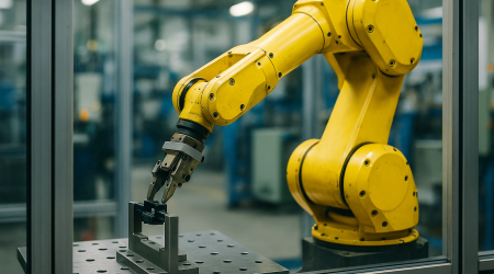 Gelber Industrie Roboter arbeitet hinter einer Schutzeinhausung.