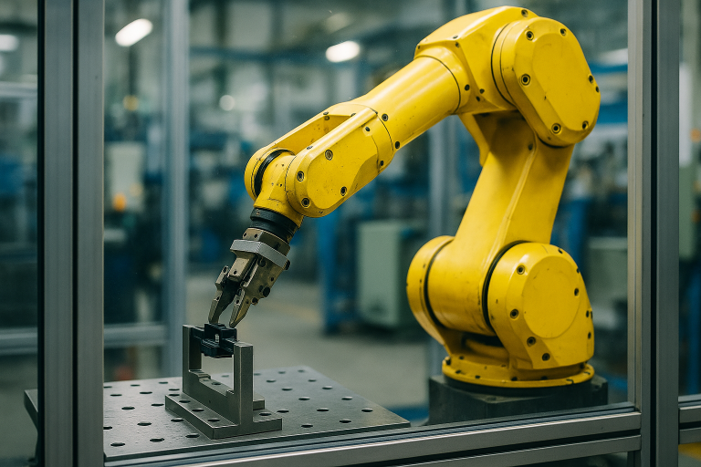 Gelber Industrie Roboter arbeitet hinter einer Schutzeinhausung.