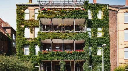 Fassade eines Wohnhauses vollständig mit Efeu und anderen Kletterpflanzen bewachsen, Balkone mit Blumen geschmückt.