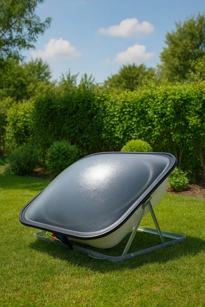Solarboiler mit gewölbtem, dunklem Wassertank in einem Garten auf einer Metallhalterung bei Sonnenschein auf einer Rasenfläche vor einer dichten Hecke platziert.