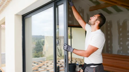 Handwerker lüftet Tiny House schon während der Bauphase regelmäßig.