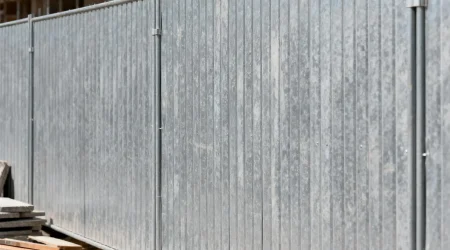 Metall-Bauzaun sichert eine Baustelle mit unfertigem Gebäude aus Beton und Ziegeln im Hintergrund.